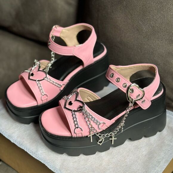 Pink and Black Platform Sandals with Floral Straps - Picture 7 of 10